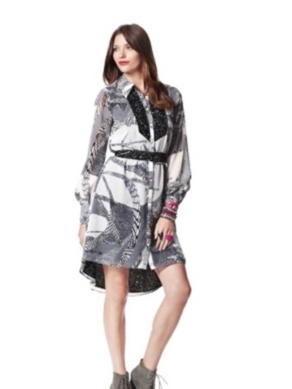 💚Kirna Zabête Printed High-Low Shirt Dress in Gray, Black and White